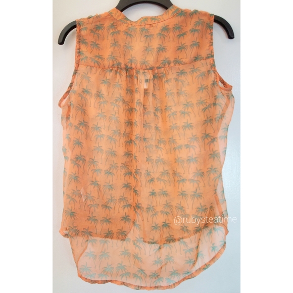 Sheer Tropical Palm Tree Print Sleeveless Top, Button Front, Orange & Green NWT - Picture 3 of 7
